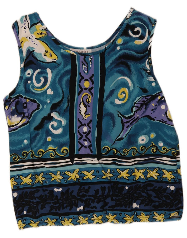 Camicetta vintage da donna con motivo astratto corto UK 12 Blu medio