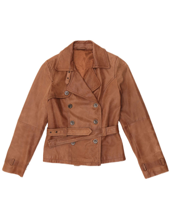Giacca in pelle doppiopetto vintage da donna UK 10 piccola marrone