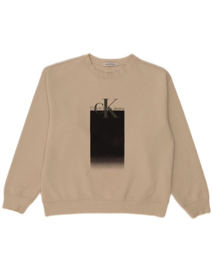 CALVIN KLEIN JEANS Womens Graphic Sweatshirt Jumper US 12 Large Beige