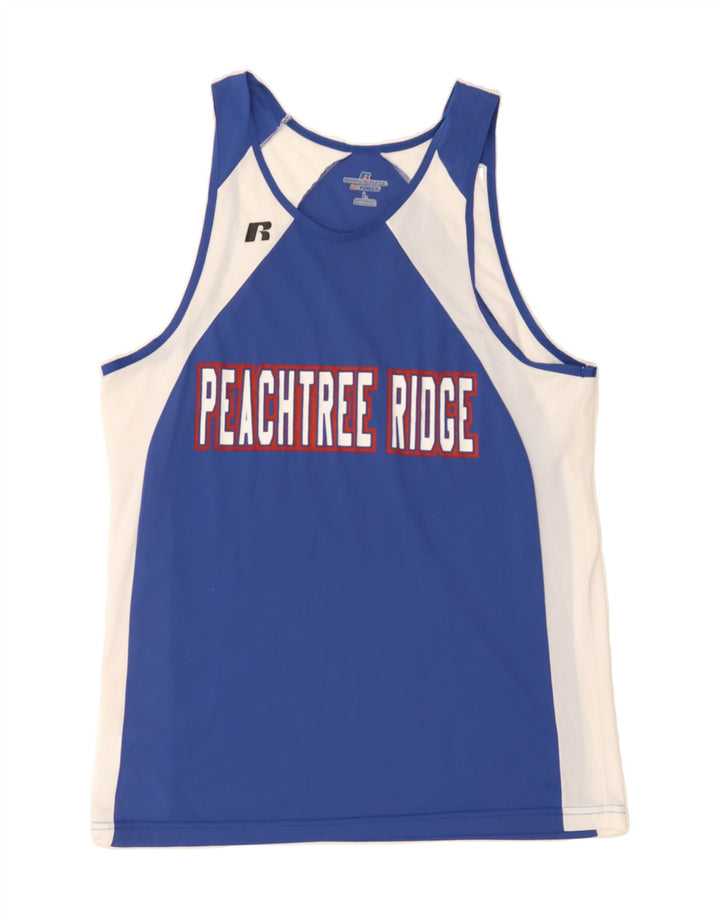 RUSSELL ATHLETIC Mens Paechtree Ridge Graphic Vest Top Large Blue Vintage Russell Athletic and Second-Hand Russell Athletic from Messina Hembry 
