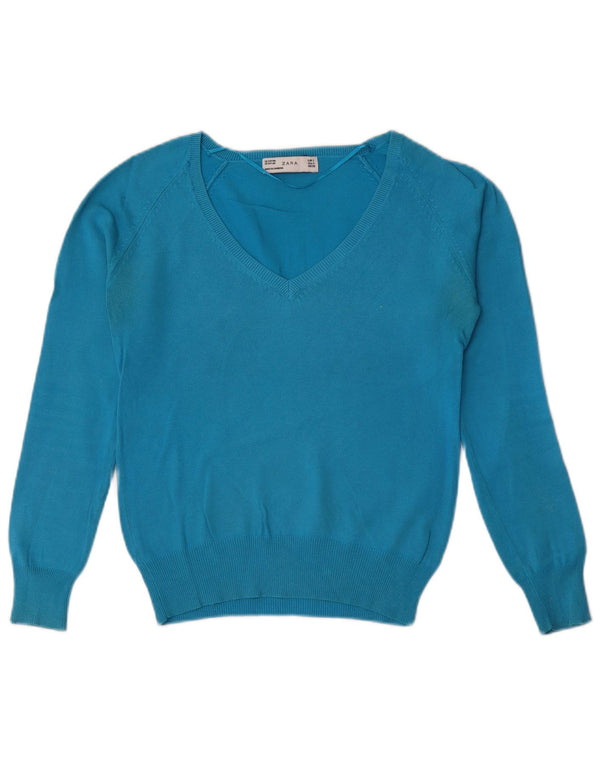 Maglione corto con scollo a V da donna Zara UK 10 piccolo cotone blu