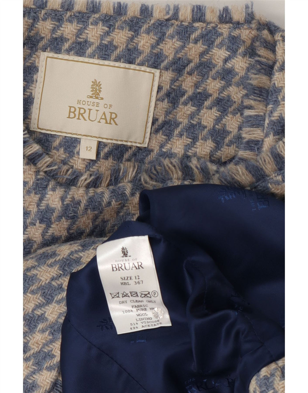 HOUSE OF BRUAR Giacca blazer da donna UK 12 Lana pied de poule blu medio