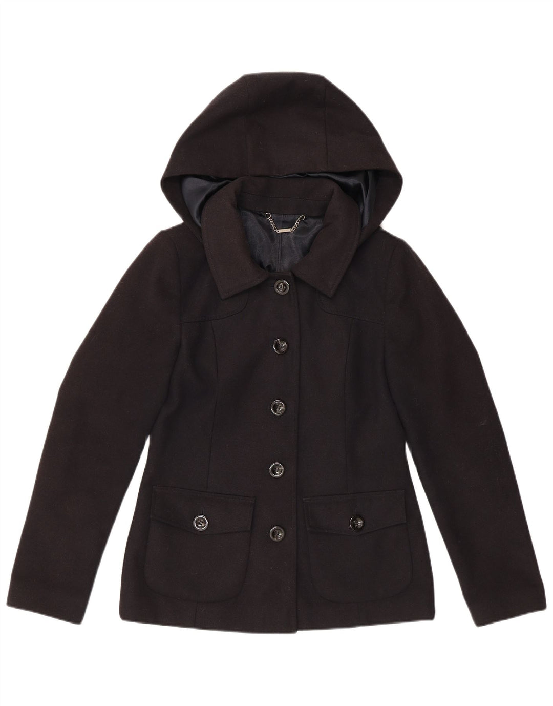 LAURA ASHLEY Giacca blazer a 5 bottoni da donna con cappuccio UK 10 piccola blu navy