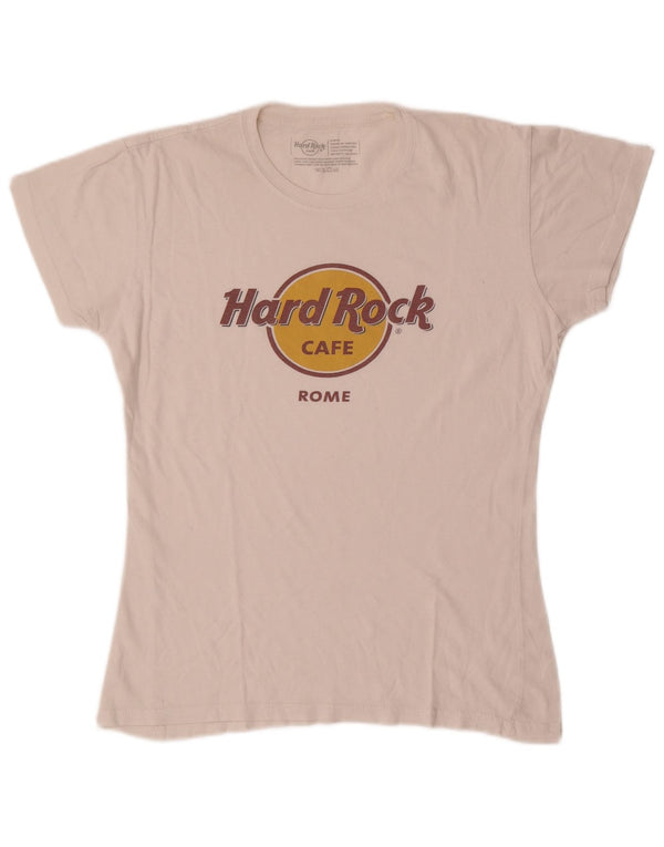 T-shirt grafica da donna Hard Rock Cafe Roma Top UK 14 grande cotone bianco sporco