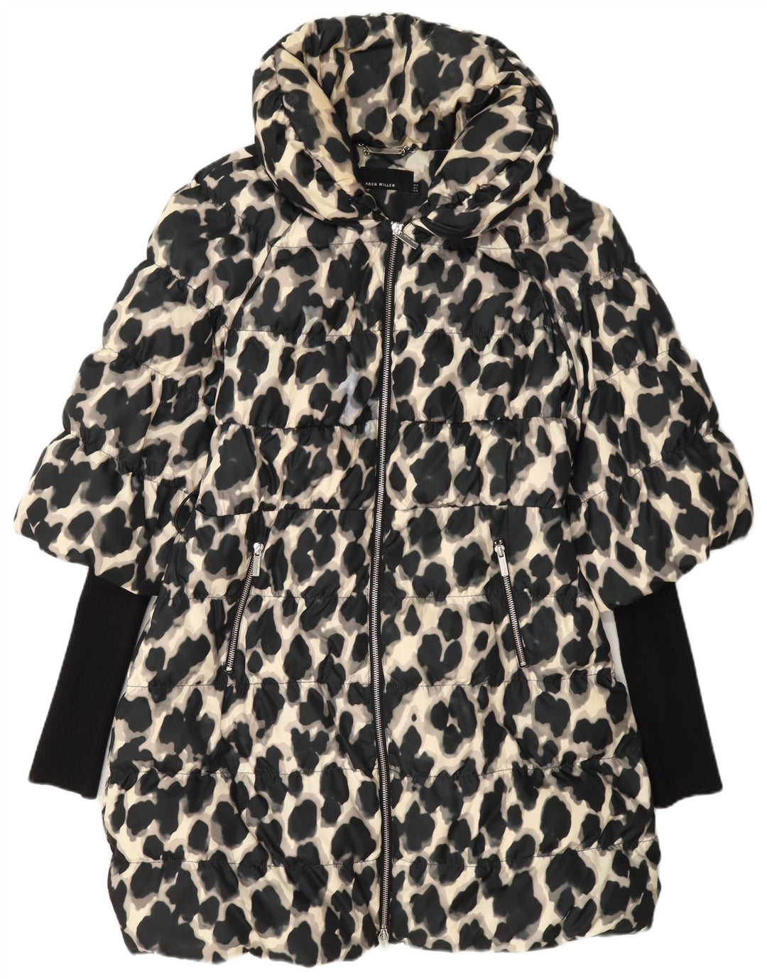 Cappotto imbottito da donna Karen Millen UK 12 Poliestere medio nero con stampa animalier
