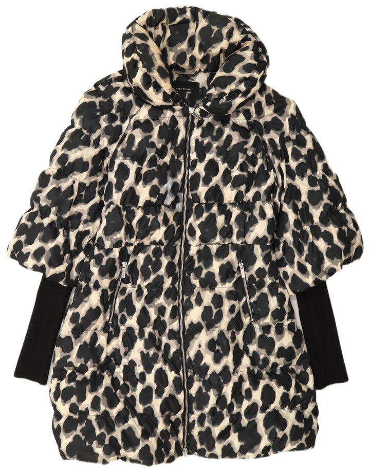 Cappotto imbottito da donna Karen Millen UK 12 Poliestere medio nero con stampa animalier