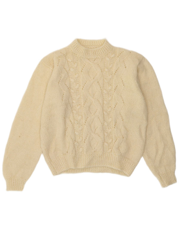 Maglione maglione collo alto da donna vintage UK 14 medio bianco sporco geometrico