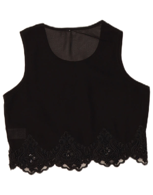 Top vintage da donna corto trasparente in camicetta UK 10 piccolo motivo cachemire nero