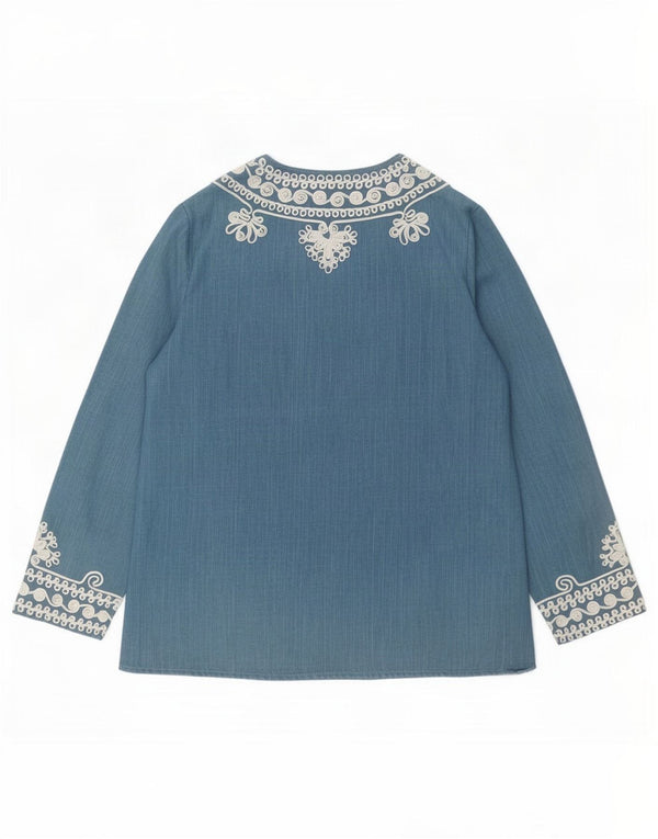 Vintage Womens Long Sleeve Blouse Top UK 10 Small Blue Floral Ethnic