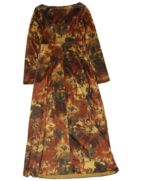 Abito lungo in velluto a maniche lunghe da donna vintage UK 12 Tie Dye marrone medio