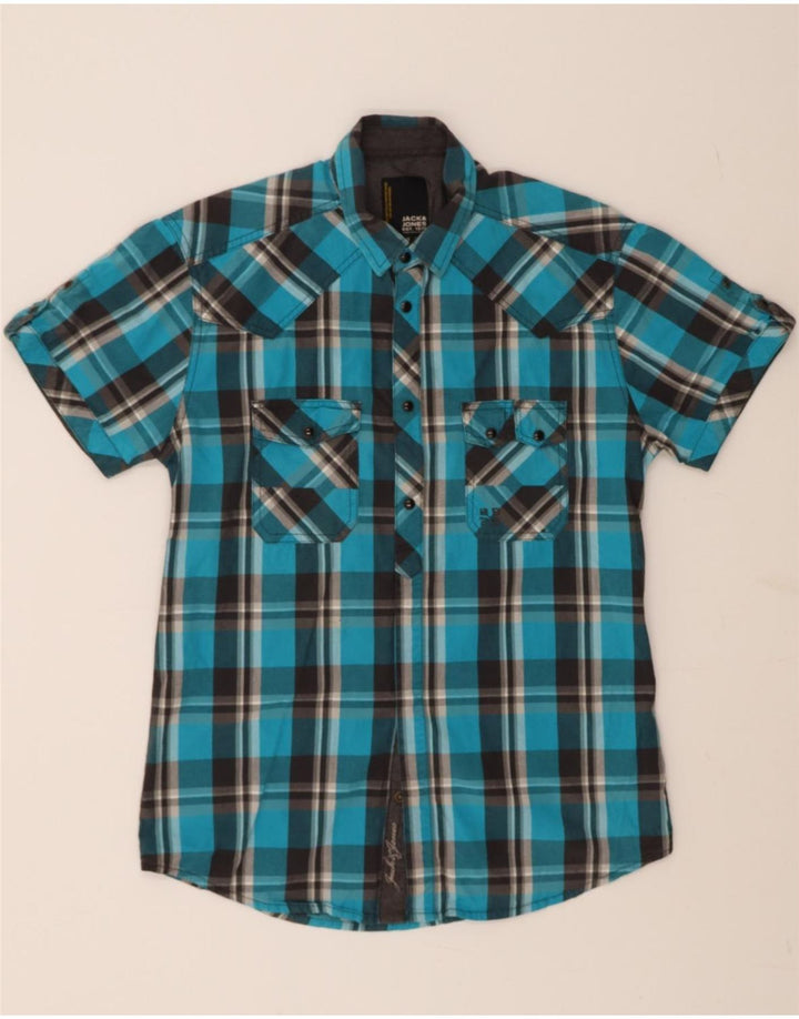 JACK & JONES Mens Graphic Short Sleeve Shirt Medium Blue Check Cotton Vintage Jack & Jones and Second-Hand Jack & Jones from Messina Hembry 