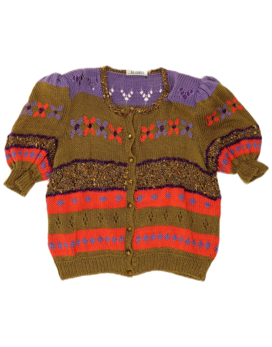 Maglione cardigan a maniche corte da donna vintage UK 14 Colorblock color kaki medio