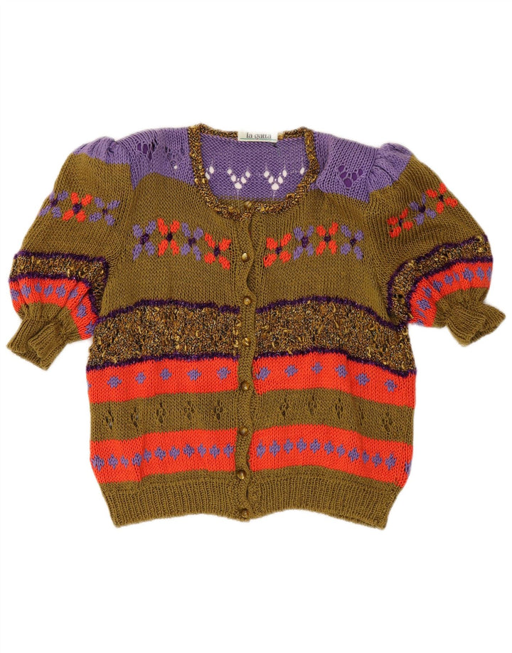 Maglione cardigan a maniche corte da donna vintage UK 14 Colorblock color kaki medio