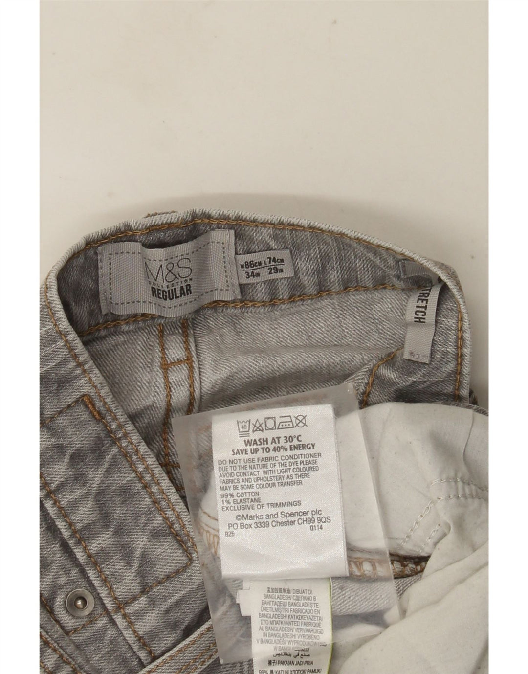 MARKS & SPENCER Jeans dritti da uomo vestibilità regolare W34 L29 cotone grigio