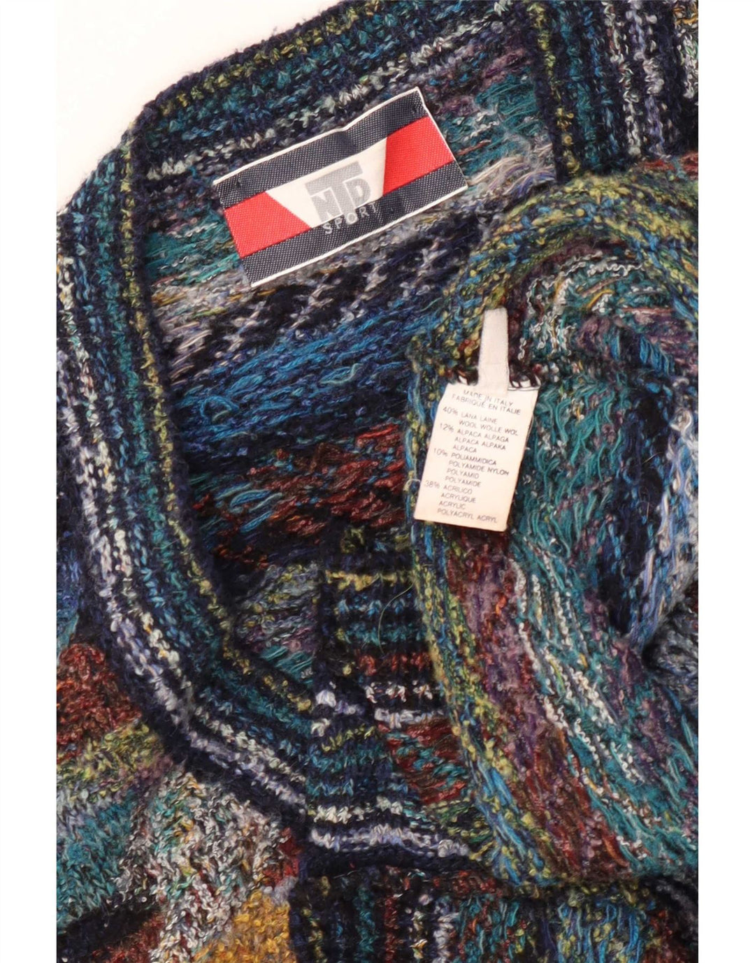 Maglione cardigan senza maniche vintage da uomo XL in lana geometrica multicolore