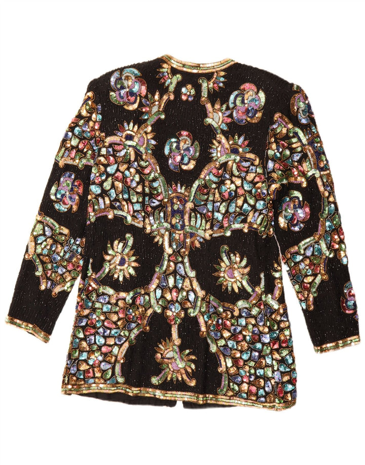 Giacca blazer con paillettes vintage da donna UK 12 medio nero floreale