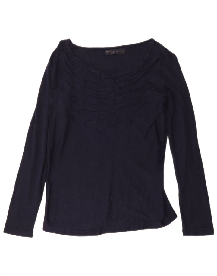 Top Zara da donna a maniche lunghe UK 12 medio cotone blu navy
