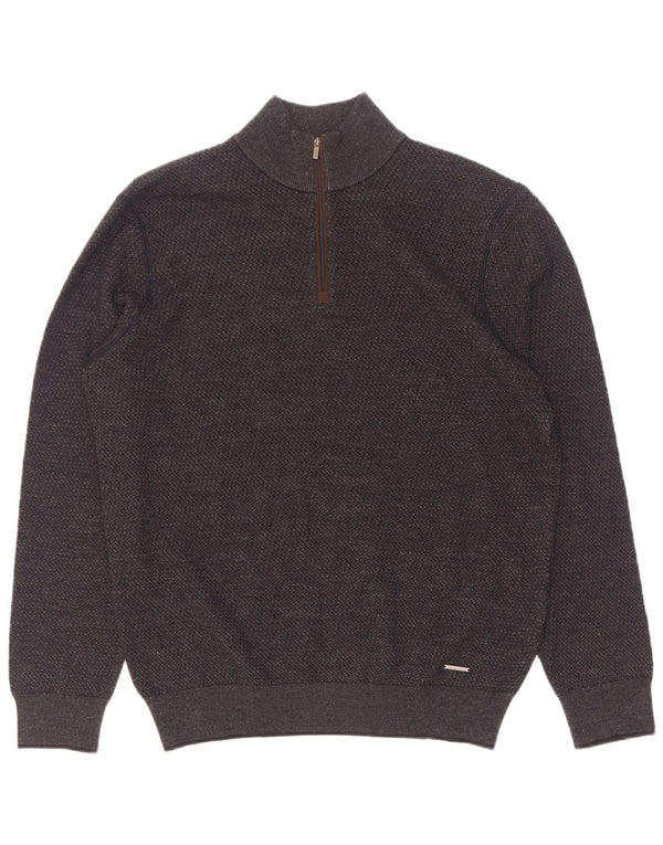 Maglione Bugatti da uomo con zip e collo grande grigio