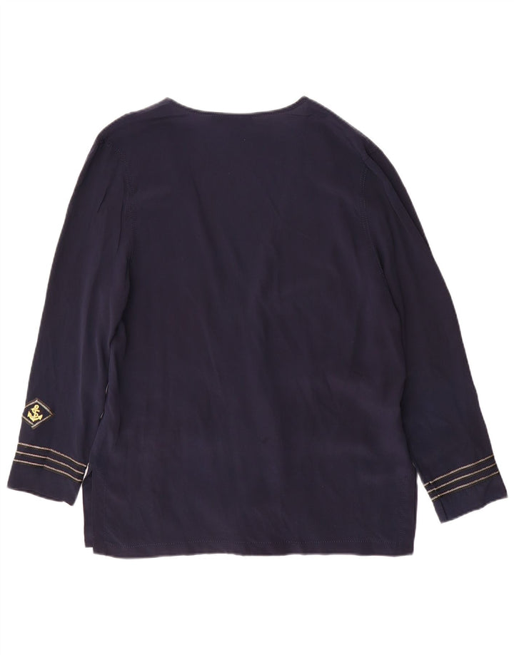 Giacca blazer doppiopetto vintage da donna UK 16 grande seta blu navy