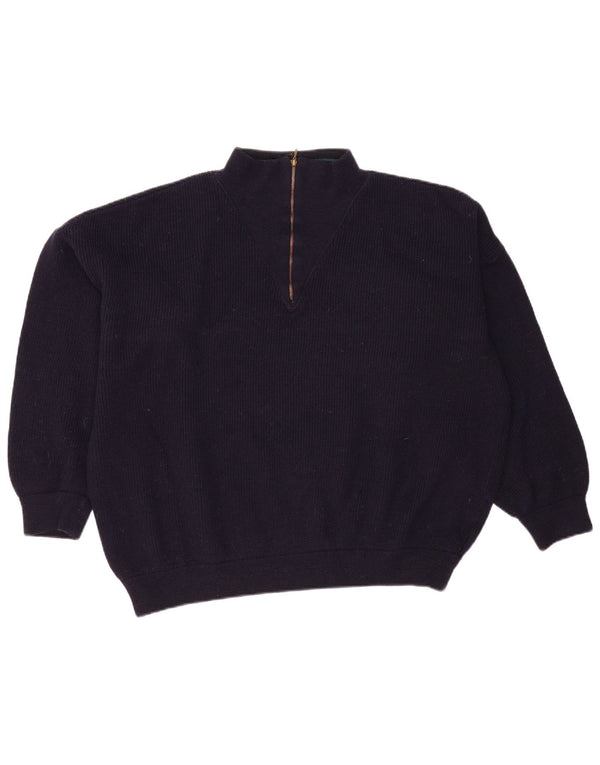 Maglione vintage da donna oversize con collo con zip UK 16 grande lana blu navy