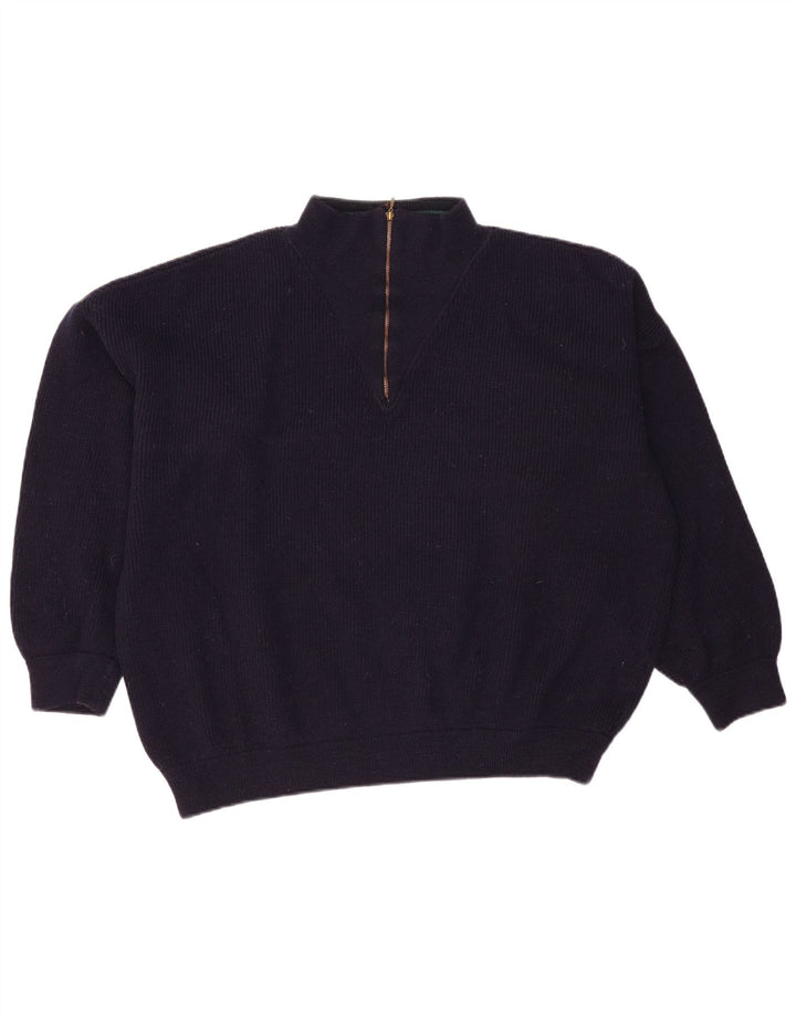 Maglione vintage da donna oversize con collo con zip UK 16 grande lana blu navy