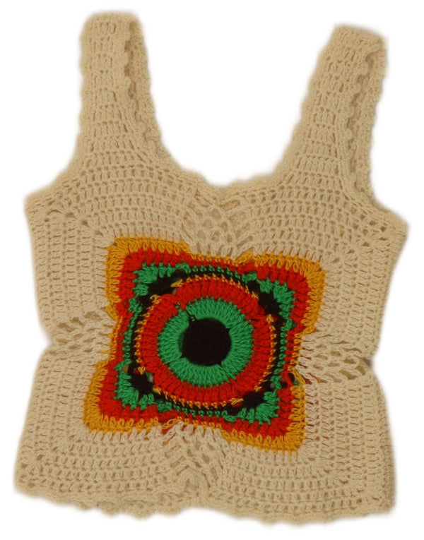 Top corto senza maniche all'uncinetto da donna vintage UK 4 XS bianco sporco geometrico
