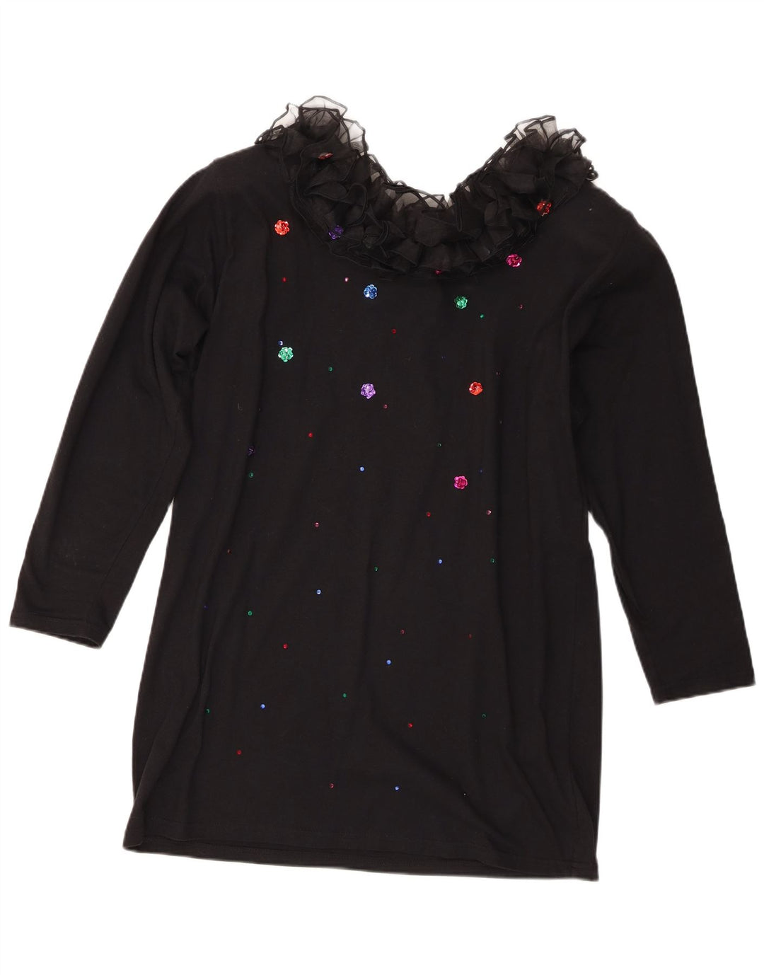 Top tunica a maniche lunghe da donna vintage con volant sul davanti UK 16 grande cotone nero