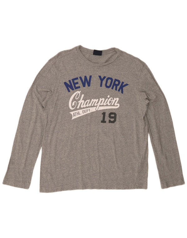 CHAMPION Mens Graphic Top Long Sleeve Large Grey Cotton