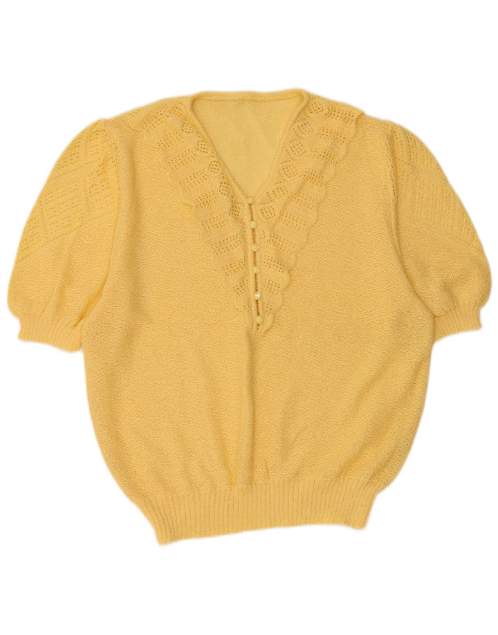 Maglione da donna VINTAGE a maniche corte con scollo a V UK 16 grande giallo