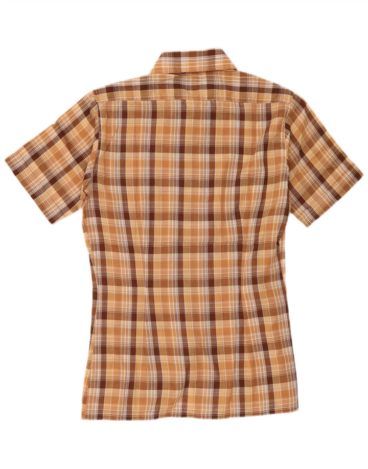 Camicia vintage da uomo a maniche corte in poliestere a quadri marroni piccoli