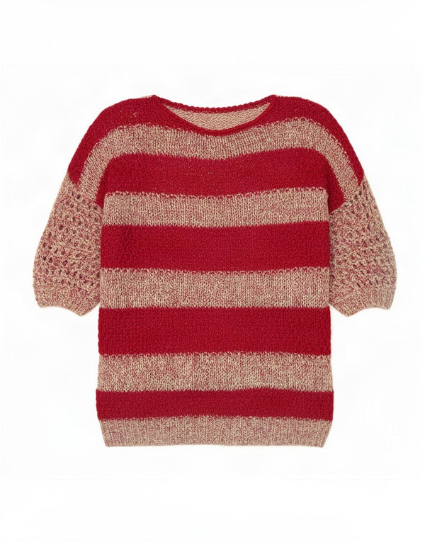 Maglione maglione girocollo trasparente da donna vintage UK 16 grandi strisce rosse