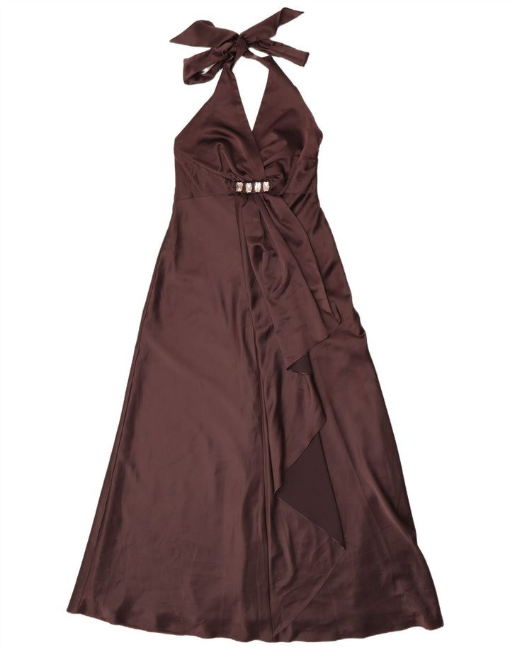 Abito maxi da donna di debutto con scollo all'americana UK 12 Poliestere marrone medio