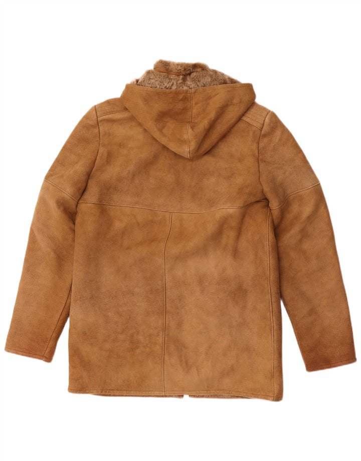 Giubbotto in shearling con cappuccio da donna vintage IT 46 Grande pelle di pecora marrone
