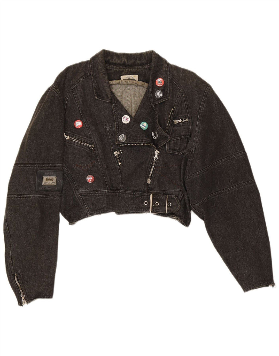 Giacca da motociclista in denim corto oversize da donna vintage UK 14 cotone nero medio