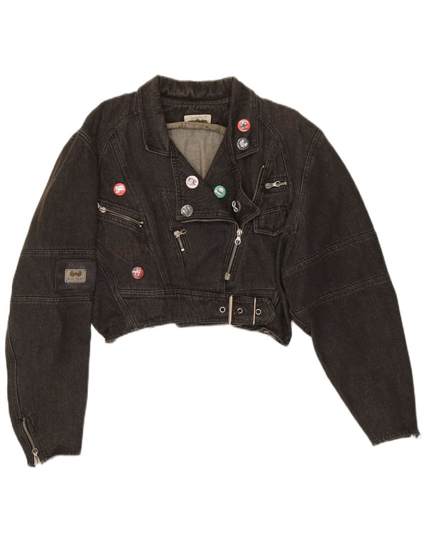 Giacca da motociclista in denim corto oversize da donna vintage UK 14 cotone nero medio