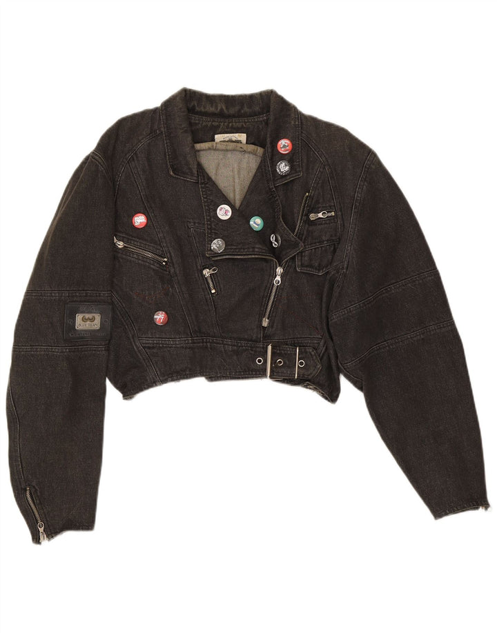 Giacca da motociclista in denim corto oversize da donna vintage UK 14 cotone nero medio