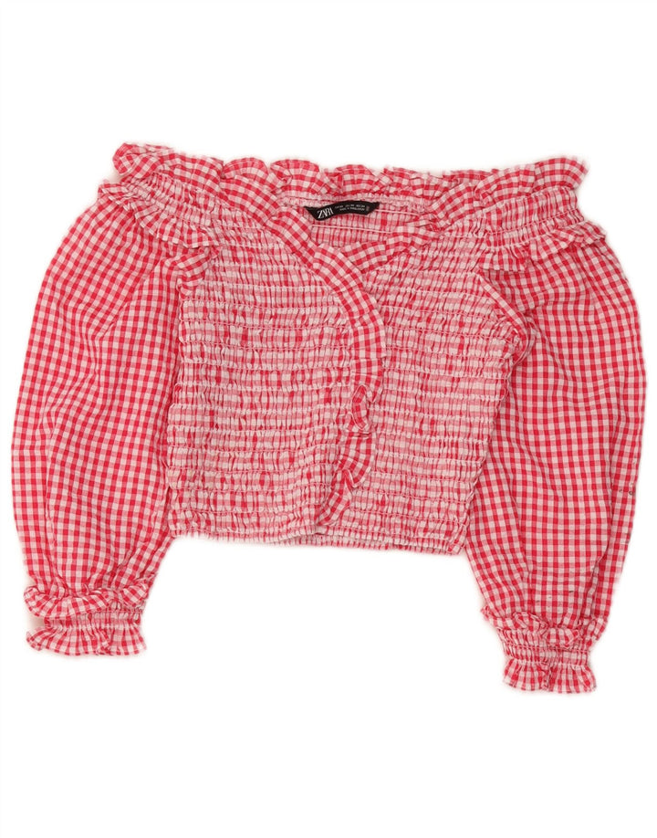 Top Zara da donna corto con spalle scoperte e maniche a 3/4 UK 4 XS poliestere a quadretti rosso