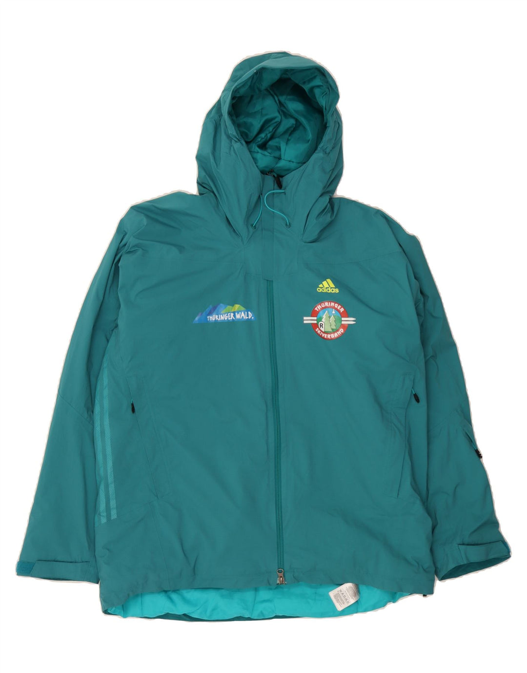 ADIDAS Womens Graphic Hooded Rain Jacket UK 48/50 XL Turquoise Polyester Vintage Adidas and Second-Hand Adidas from Messina Hembry 