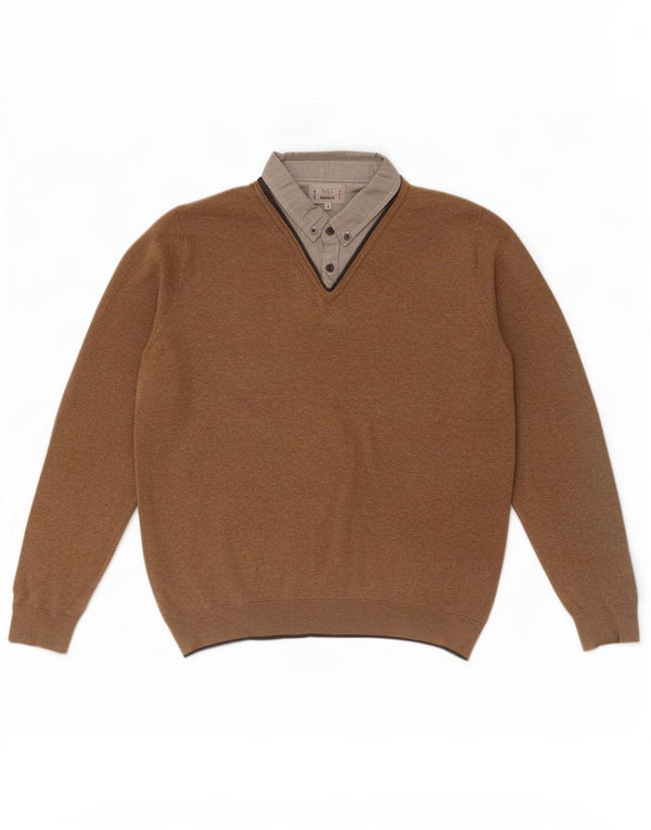 Marks & Spencer Mens Regular Fit V-Neck Jumper Sweater Large Brown Cotton