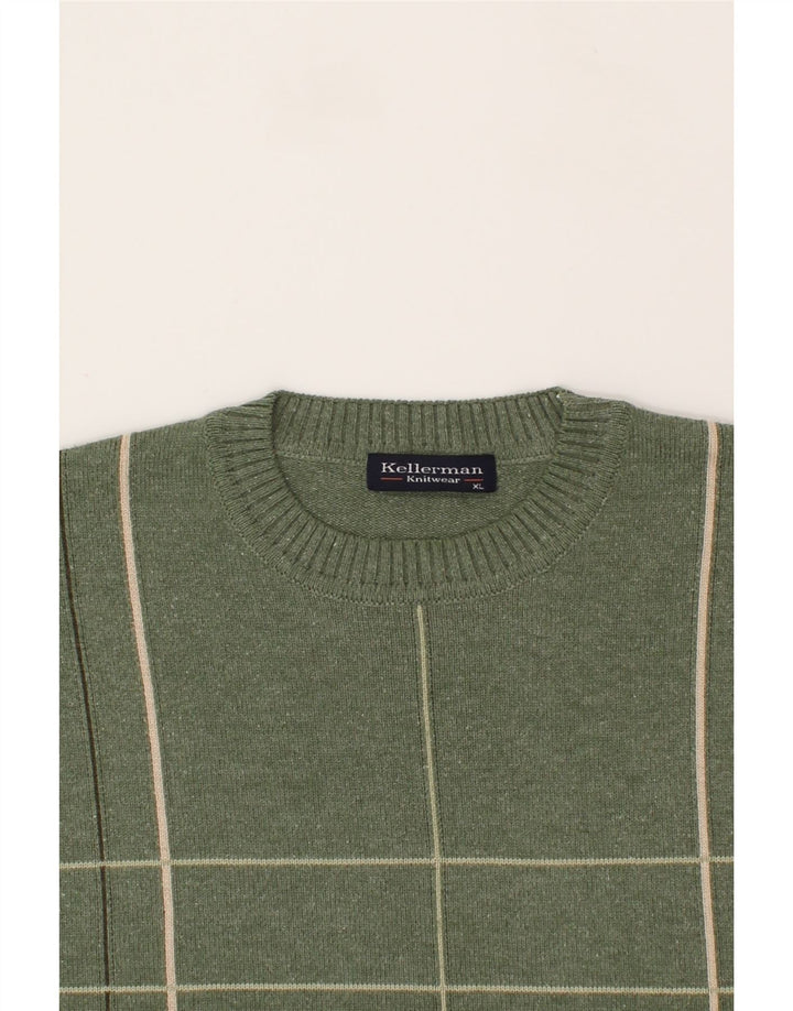 KELLERMAN Mens Crew Neck Jumper Sweater XL Green Check Cotton Vintage Kellerman and Second-Hand Kellerman from Messina Hembry 