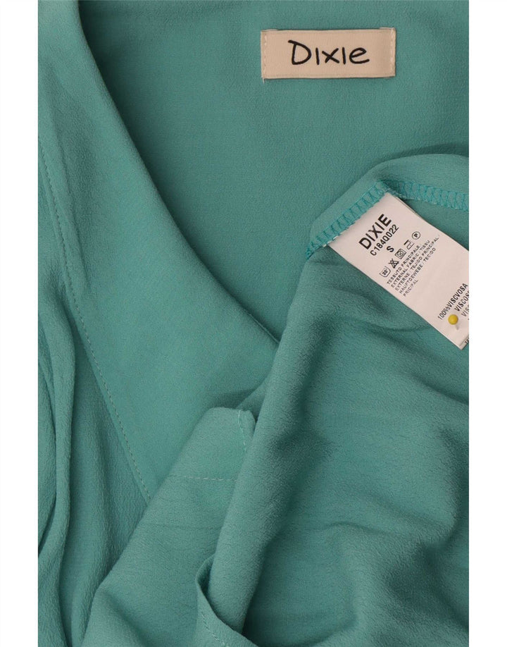 Camicetta camicia vintage da donna UK 10 piccola viscosa blu