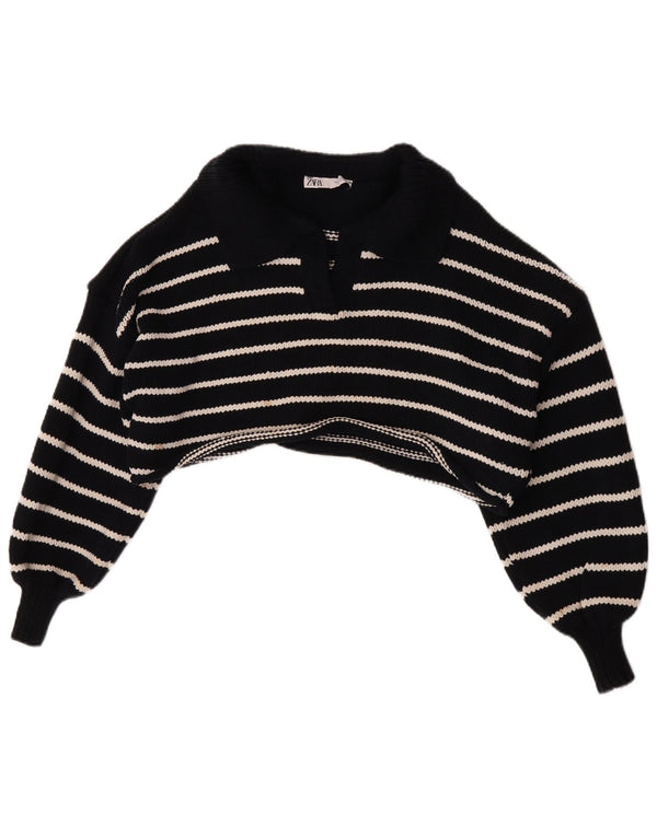 Zara maglione da donna corto con collo alto da donna UK 10 piccolo a righe blu navy