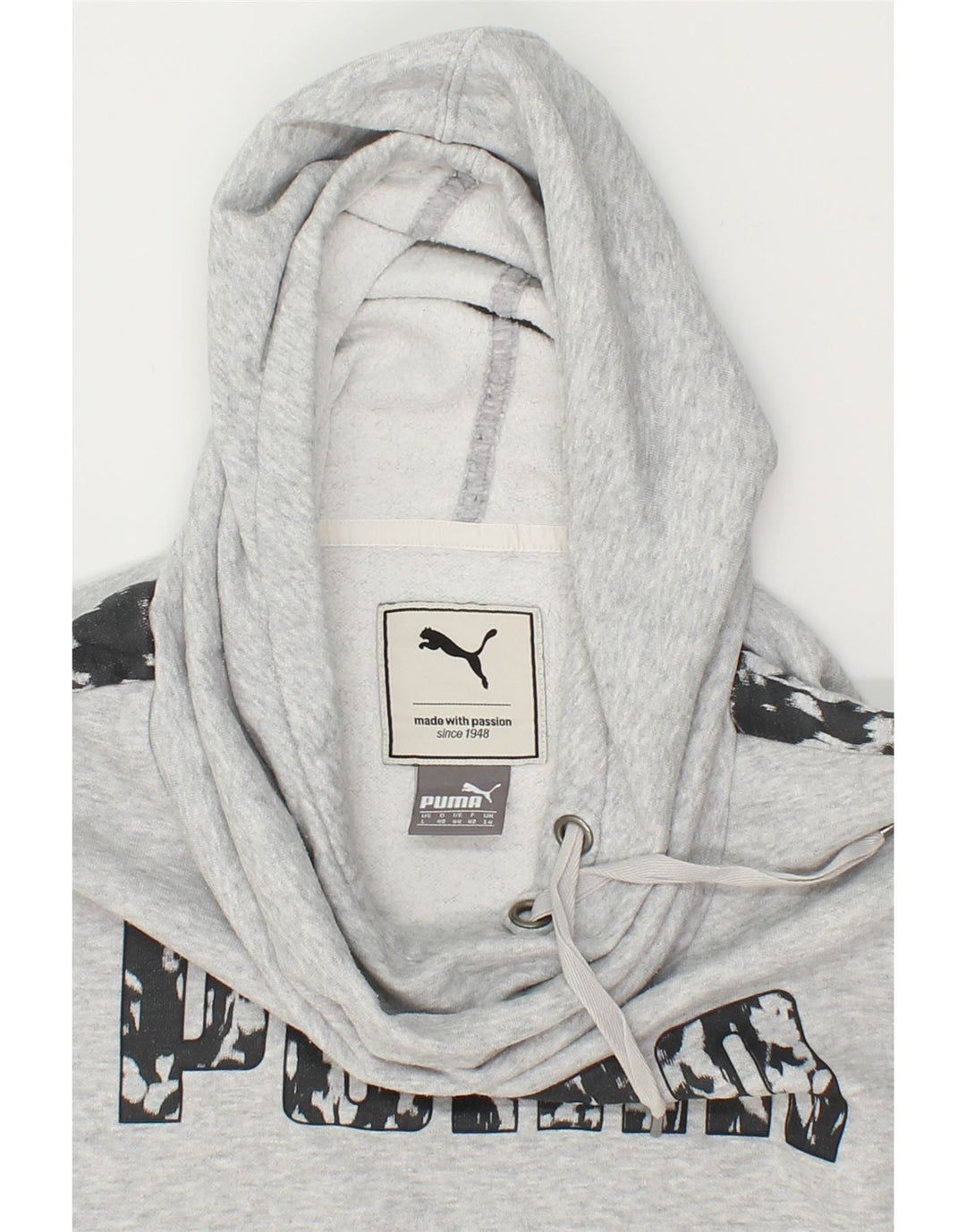 PUMA Womens Graphic Hoodie Jumper UK 14 Large Grey Vintage Puma and Second-Hand Puma from Messina Hembry 