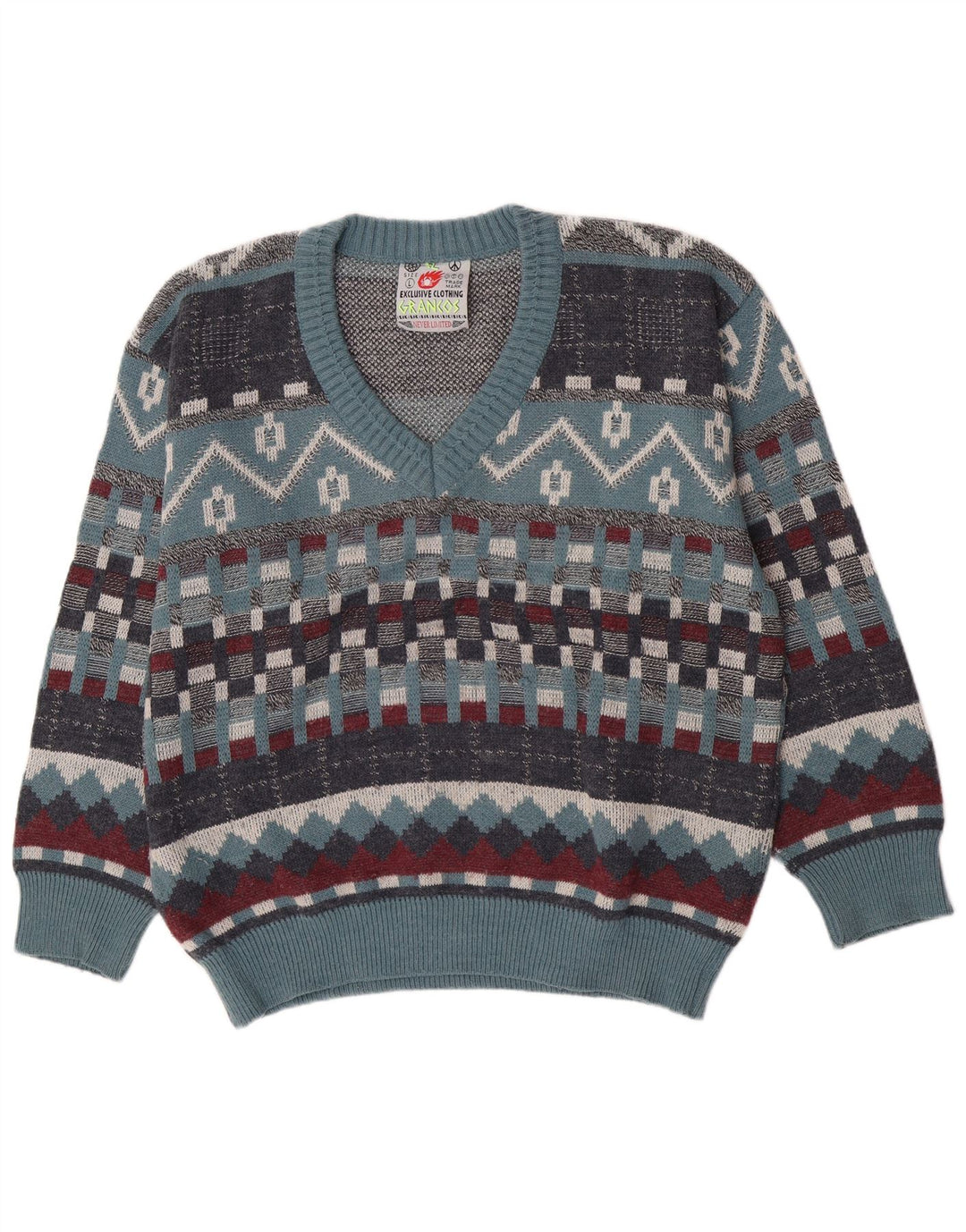 Maglione vintage da uomo con scollo a V, grande lana geometrica blu