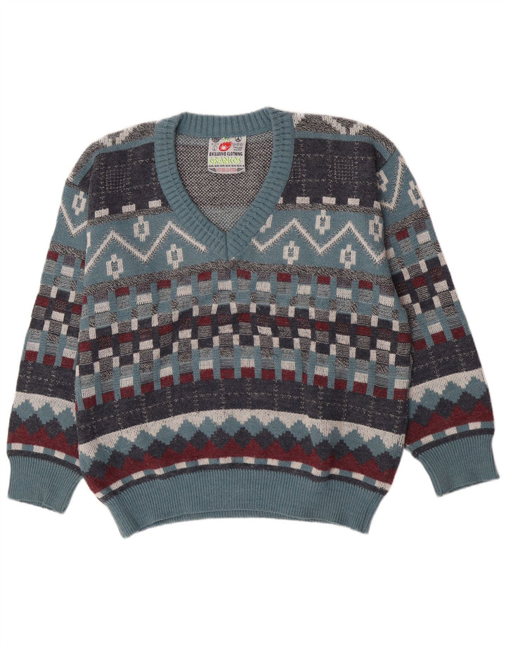 Maglione vintage da uomo con scollo a V, grande lana geometrica blu