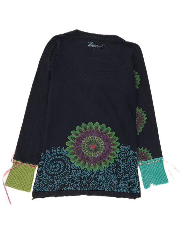 Desigual Donna Graphic Top Manica Lunga UK 14 Grande Blu Navy Paisley