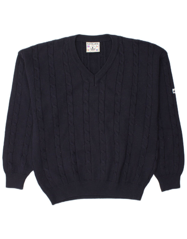 NAVIGARE Mens V-Neck Jumper Sweater Large Navy Blue Merino Wool