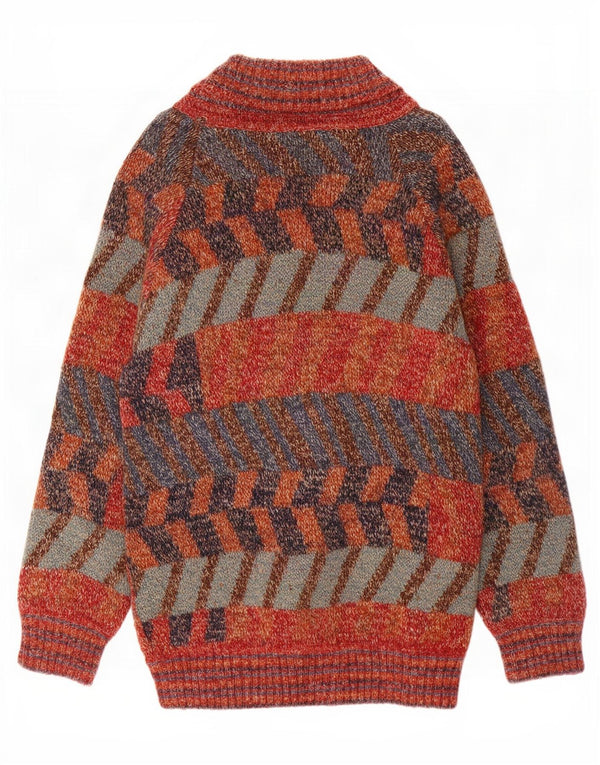 Maglione cardigan lungo da uomo vintage in lana geometrica multicolore grande