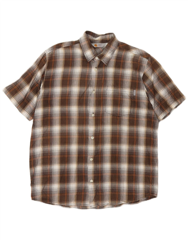 CARHARTT Camicia a maniche corte da uomo in cotone a quadri marroni grandi