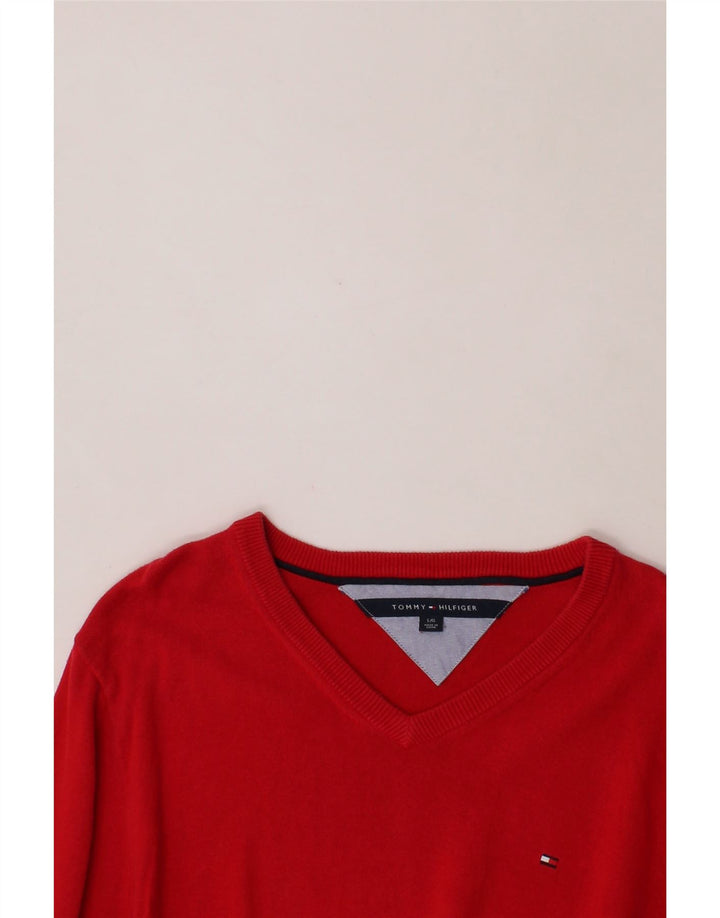 TOMMY HILFIGER Mens V-Neck Jumper Sweater Large Red Cotton Vintage Tommy Hilfiger and Second-Hand Tommy Hilfiger from Messina Hembry 